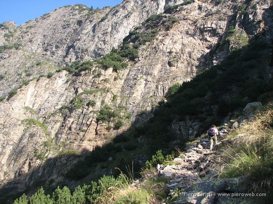 maslnaa-curo 027.jpg - Giunti a m. 1600 circa,  a un'ora di cammino da Valbondione, proseguiamo, a nostra scelta, non sulla mulattiera, panoramica, più lunga, ma sul cosiddetto "scarico", una sorta di sentiero che si inerpica su uno zoccolo roccioso e permette di accorciare il percorso.